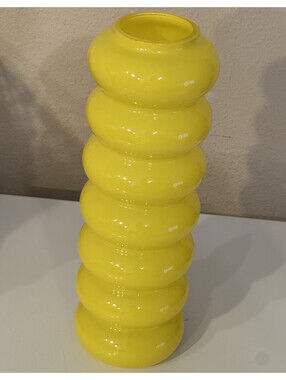IKEA Yellow Ribbed Glass Vase, Glossy Finish, 13 in H Decorative